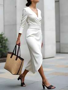 Vestido de manga larga con cintura para el otoño, de unicolor elegante para mujer - Blanco - Ver 4