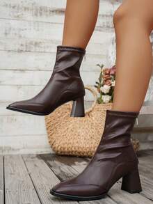 Women's French Versatile Ankle Boots, New Autumn/Winter Chunky Heel Zipper Back Fashion Ankle Boots, Size Runs Large, Suggest Ordering One Size Down - Brown - View 6