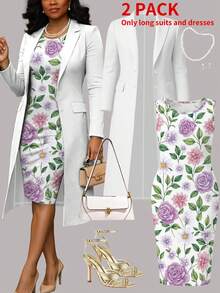 Plus Size Women's Spring/Summer Long Dress 2-Piece Set: Casual Versatile Long Solid Color Cardigan Jacket + Loose Round Neck Sleeveless Printed Long Elegant Dress