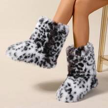Women's Faux Fur Leopard Print Boot Furry Fluffy Round Toe Suede Snow Winter Boots Comfy Plush Warm Short Outdoor Indoor Flat Shoes Mid-Calf Boots - Đen và trắng - Xem 13