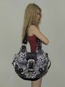 Y2K街头风女士个性化豹纹手提包，大容量复古铆钉工艺单肩包，多口袋拼接设计，可拆卸肩带，斜挎包，日常、工作、派对皆宜，是绝佳的节日时尚礼物。 - 棕色 - 查看 2