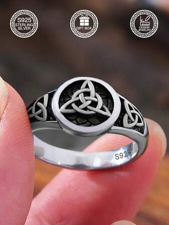 1 pieza Anillo de nudo celta de plata esterlina S925 hipoalergénico para mujer, diseño clásico vintage de nudo celta, joyería de lujo, anillo de fe, anillo de la suerte, adecuado para uso diario y fiestas, anillo de luna y estrella, unisex, regalo para Halloween, San Valentín, festival de música, Pascua, cumpleaños, viene con caja de regalo