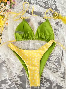 女士新款可爱黄色碎花双面绿色比基尼套装，深V领系带露背泳衣 - 彩色 - 查看 2