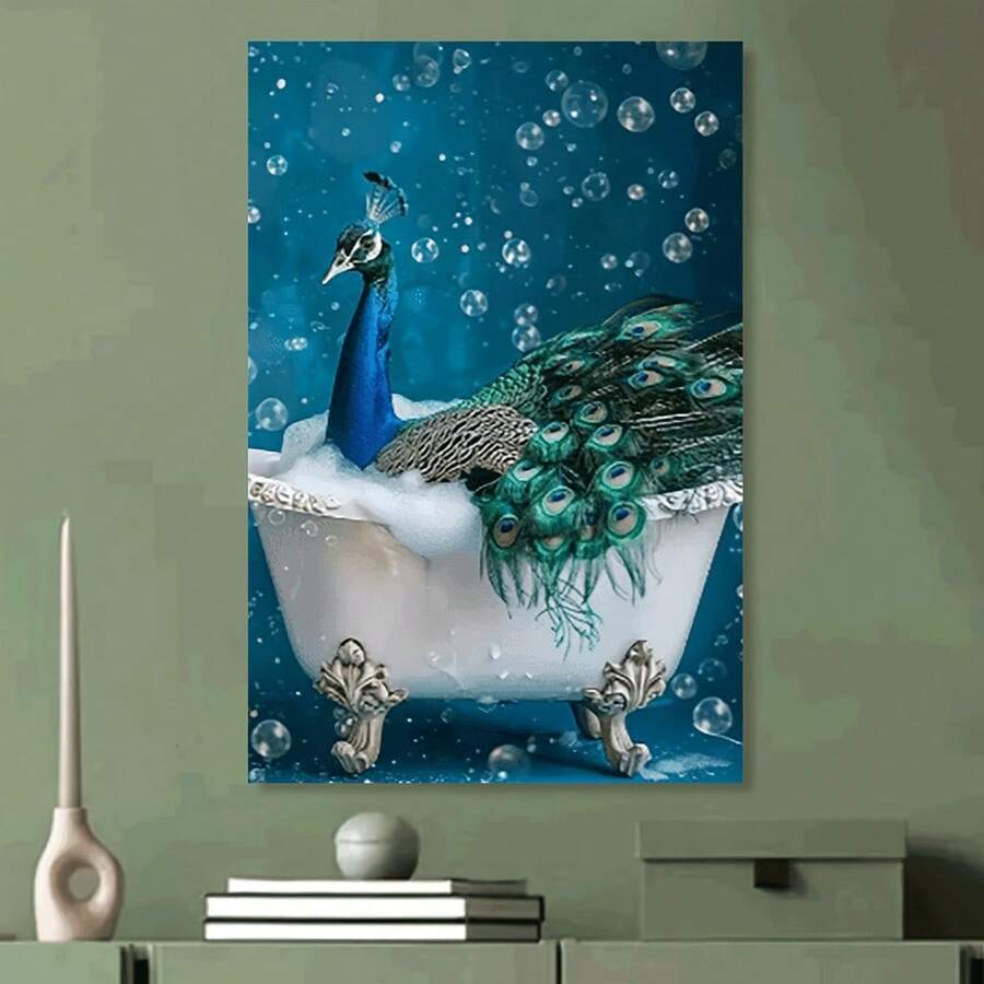 1pc Elegant Peacock In Bathtub Wall Art - Classic Blue And Green Peacock With Soft Bubbles Effect, UnunframeDecor For Home, Bedroom, Living Room, Office, Cafe, Or Bar, Gift Idea, Wall - Nhiều màu - Xem 1