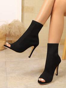 Fashionable Knitted Open Toe High Heel Boots. The Perfect Combination Of Elegance And Personalized. Stylish Open Toe High Heel Boots, Knitted Mesh Open Toe Boots, Slim High Heel Design, Knitted Open Toe High Heel Boots. - Black - View 2