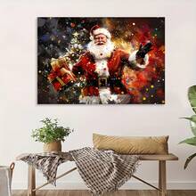 1 pieza de póster impreso en lienzo de Navidad, Feliz Navidad, Santa Claus y saludo, decoración de arte mural perfecta para él y su regalo - Enmarcado - transparente - Ver 2