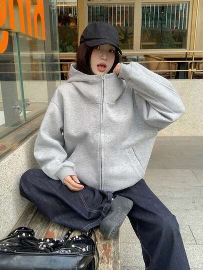 加厚拉链卫衣外套，纯色，秋冬季保暖上衣