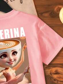 Young Girl Casual Cartoon Pattern Round Neck Short Sleeve T-Shirt, Summer - Pink - View 6