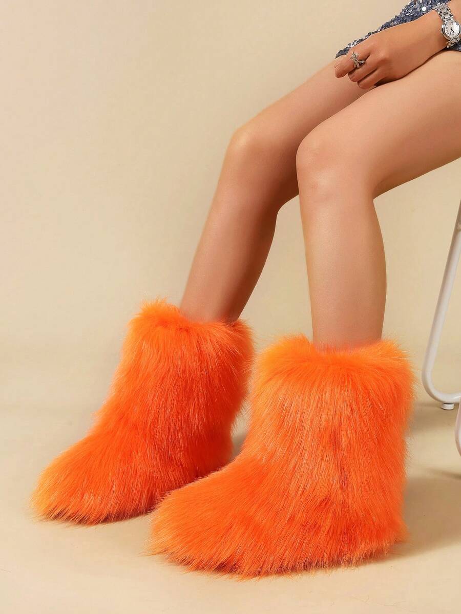 Women's Faux Fur Boots Furry Mid Calf Fur Boots Comfortable Outdoor Flat Shoes Winter Warm Plush Surface Snow Boots - Màu Cam cháy - Xem 1