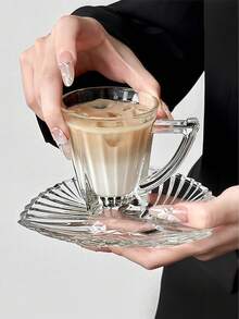 1pc Minimalist Glass Cup & Saucer Set, Coffee Cup, Juice Glass, Milk Cup, Tea Cup With Saucer, Ins Style