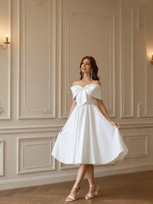 YUMIBRAVO Ballet Style Satin Wedding Dresses For Bride, White Dresses For Women, Ball Gown Dress Christmas Party Dress, Elegant A-Line Party Dresses For Women, Spaghetti Strap Prom Dress For Women Wedding Party - White - View 6