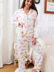 两件套女士彩色恐龙印花长袖上衣和裤子睡衣套装，舒适针织翻领纽扣前襟上衣带口袋，松紧腰裤子，适合所有季节休闲居家穿着。 - 香檳色 - 查看 3