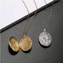 Vintage Engraved Flower Empaistic Photo Locket Hold Picture Oval Round Pendant Necklace Antique Carved Pattern Souvenir Memorial Clavicle Sweet Jewelry For Women,Gold - 金色 - 查看 4