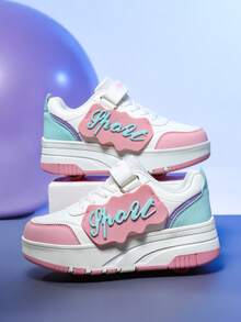 1双女士字母装饰厚底轮滑鞋，拼接撞色魔术贴设计圆头低帮轮滑鞋，四季皆宜