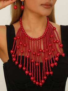 1pc Long Tassel & Faux Pearl Beaded Necklace Set For Women - Tassel Style - View 14