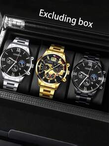 3pcs/Set Men's Fashion Quartz Watch Set, Zinc Alloy Case, Stainless Steel Strap, Electronic Movement, Pointer Display - Ideal Gift For Valentine's Day, Easter, Eid Al-Adha, Birthday, Christmas - Multicolor - View 10