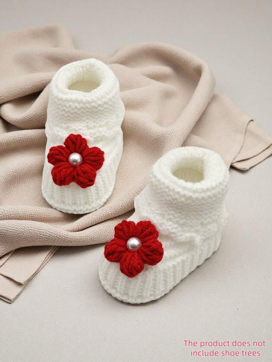 1双手工编织婴儿鞋，花卉图案，白色婴儿床鞋 - 紅色 - 查看 1