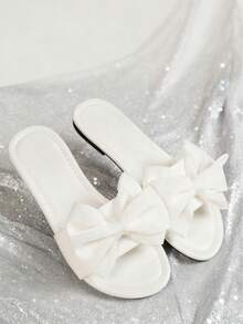 Giày sandal đế bằng thanh lịch dành cho nữ, giày dự tiệc nơ đen mũi tròn, váy thời trang đa năng, dép đi biển ngoài trời thông thường, dép xỏ ngón hở mũi - trắng - Xem 2