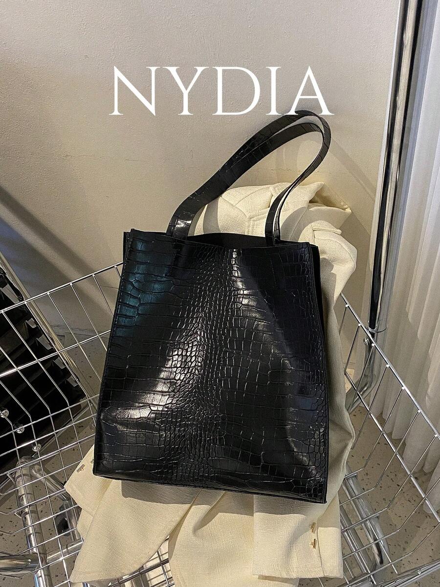 Crocodile Embossed Shoulder Tote BagLightweight,Portable,Large Capacity,Business Casual, Suitable For Teen Girls Women College Students,Rookies & White-Collar Workers, Perfect For Back To School,College,Middle School, High School,Work , Business, Commute - Black - View 1