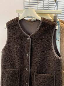 YUXIN 女士秋冬必备单品！柔软仿羊羔绒无袖开衫背心，双口袋设计，超级保暖百搭，适合日常夏季穿着。 - 咖啡棕 - 查看 8