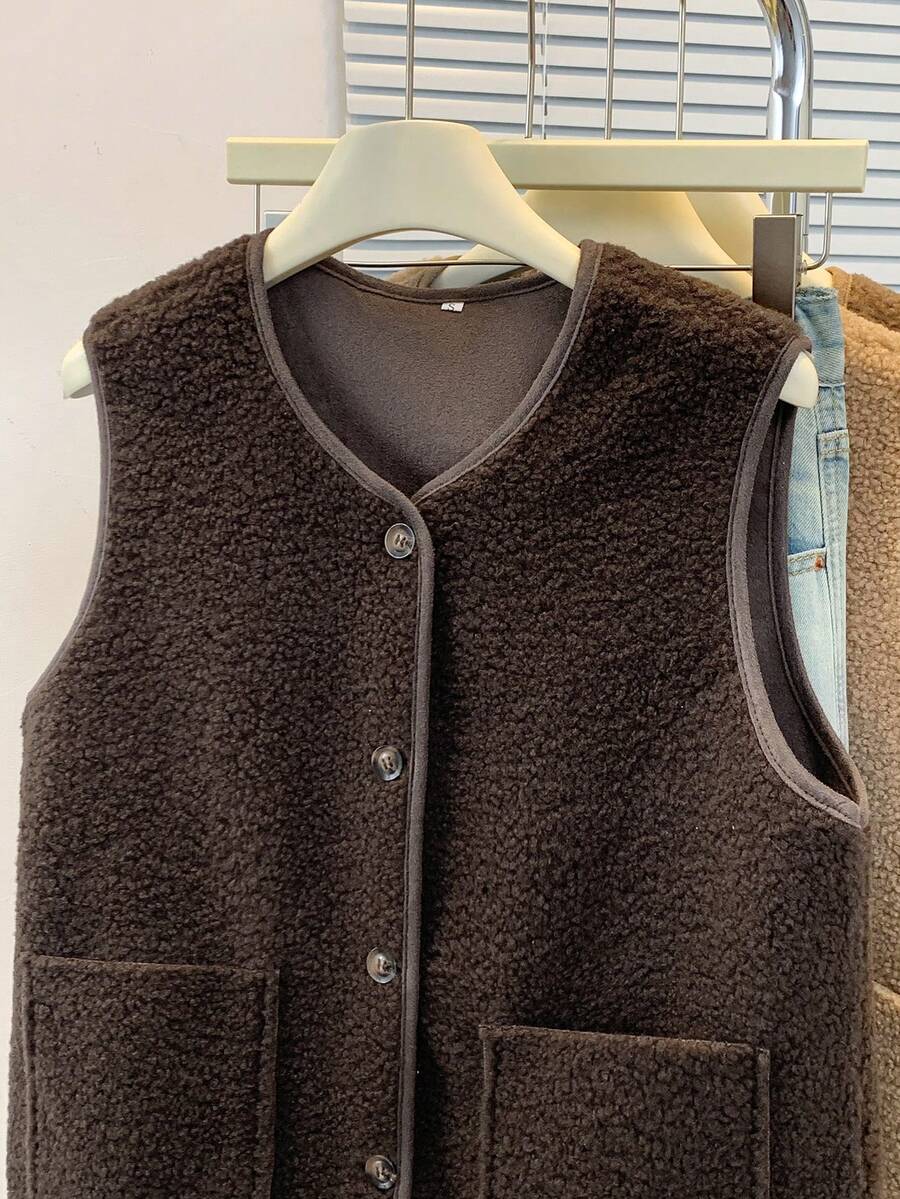 YUXIN Item Wajib Wanita untuk Musim Gugur/Dingin! Cardigan Vest Tanpa Lengan Lembut dari Bulu Domba Imitasi dengan Dua Saku, Sangat Hangat dan Serbaguna untuk Pemakaian Sehari-hari di Musim Panas