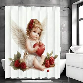 情人节款防水浴帘，饰有天使玫瑰爱心图案，包含12个窗帘挂钩。浴室装饰