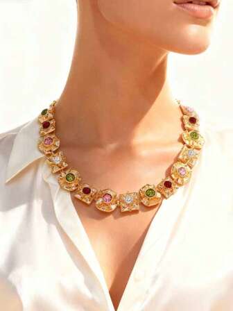 1件优雅几何水钻镶嵌项链，奢华宫廷风彩色几何颈链