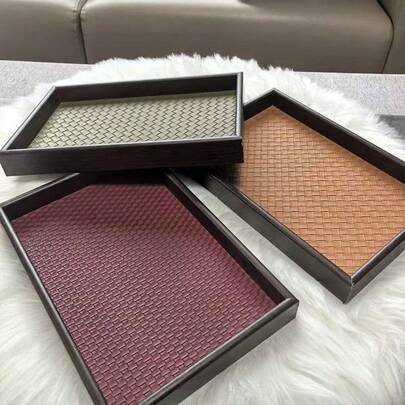 1pc Wooden Tray, Vintage Retro Style, Rectangular Tray, Desktop Jewelry Display, Key Holder Entryway Storage Box, Luxury Leather Tea Tray, Household