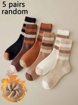 5 Pairs Men's Assorted Striped & Solid Thick Mid-Calf Socks, Warm, Comfortable, Casual, Minimalist Design - Suitable For Autumn/Winter Daily Wear, Sports, Home
