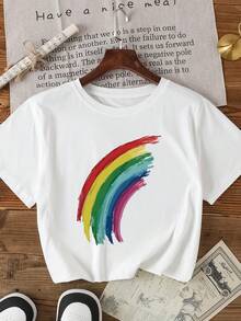 1pc Women'S Casual Rainbow Print T-Shirt, Summer Short Sleeve Round Neck Top, Polyester Knit Fabric, Geometric Pattern Design - White - View 1