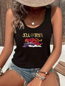 Women's Soul Train Graphic Sleeveless Tank Top - Black Geometric Print, Lightweight Breathable Polyester, Round Neck Casual Summer Top For Beach, Picnics & Casual Attire, Elastic Fabric - màu đen - Xem 1