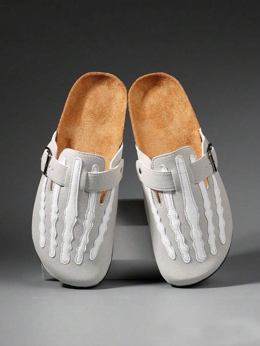 Men's New Personalized Skeleton Print Buckle Slide Slippers, Soft Cork Bottom Casual Sandals, Suitable For Indoor/Outdoor Wear, Streetwear Style, Fit For Daily Life & Leisure, Spring/Summer/Autumn - Grey - View 1