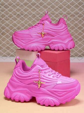 7厘米增高女式休闲运动鞋，带3D金属金色骷髅和牛头装饰链，户外EVA厚底高台粉色高跟鞋轻便减震防滑透气网眼夏季凉鞋，圆头系带百搭厚底运动鞋，适合大学生、青少年、日常、约会、健身房、办公室