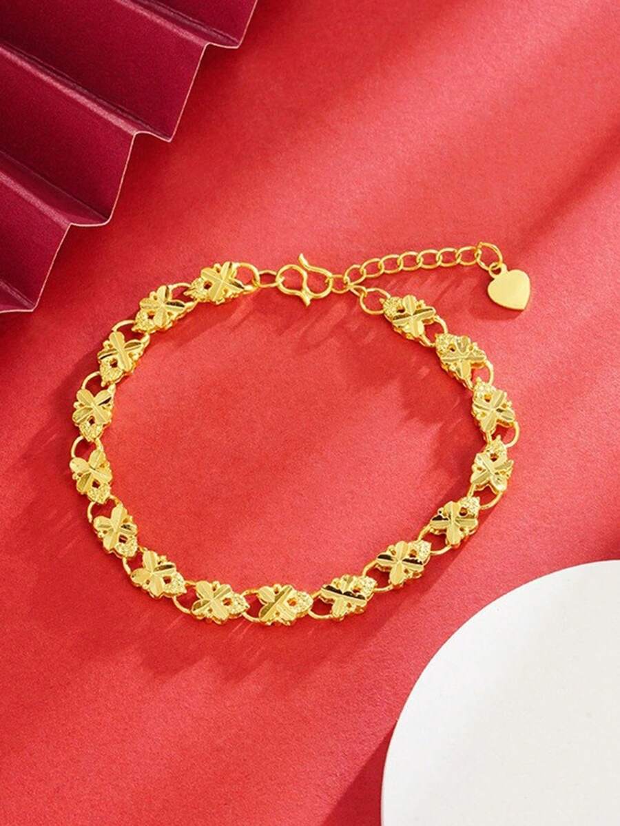 1 pieza Brazalete de acero inoxidable de lujo vintage con trébol de cuatro hojas de moda para mujeres - Amarillo Oro - Ver 1