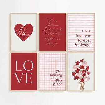 一套6张浪漫情人节主题可打印墙饰，包含“做我的爱人，你是我的快乐源泉”爱心图案，适合房间、家居、卧室、客厅等场所装饰。另有粉色系房间装饰海报，营造温馨节日氛围。这套精美的情人节主题墙饰套装，是卧室、客厅等场所的理想装饰之选。