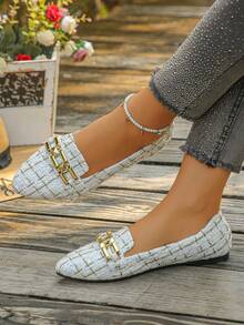 Giày bệt mũi nhọn phối màu cỡ lớn 35-45 dành cho nữ, giày lười đế mềm họa tiết kẻ caro vàng và be thời trang ngoài trời mùa thu mới - Dây khóa vuông Mikinge - Xem 3