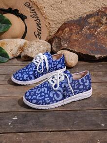 Lace-Up Casual Christmas Spring/Autumn New Cross-Border Floral Print Canvas Shoes, Comfortable Round Toe Fashion Sneakers For Women - Blue - View 7