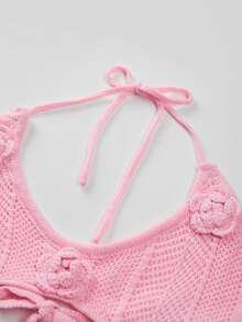 FOR BEAUTY Ladies' Spring And Summer New Knitted Two Pieces Set, Casual, Elegant, Spicy, Avant-Garde And Sexy, Halter Top&Mid Length Skirt Set, Inlaid With Flower Hollow Design