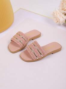 1双女童编织金属带单带凉鞋 - 可爱露趾儿童时尚拖鞋，适合日常穿着和度假 - 粉色 - 查看 4