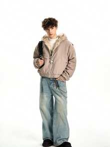 Autumn And Winter Mountain Carved Fur Collar With Thick Velvet Cotton Jacket For Couples - Xám - Xem 2