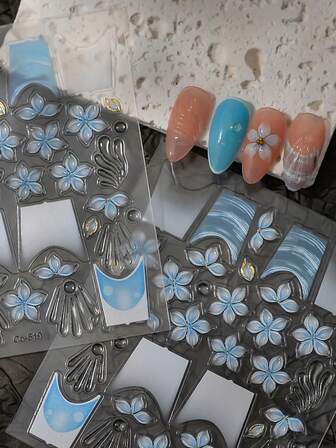 1件装 3色（粉色、蓝色和黄色）5D美甲贴纸，无需手绘，自粘彩色美甲用品，美甲设计装饰配件。