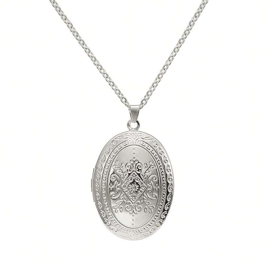 Vintage Engraved Flower Empaistic Photo Locket Hold Picture Oval Round Pendant Necklace Antique Carved Pattern Souvenir Memorial Clavicle Sweet Jewelry For Women,Silver1 - Bạc1 - Xem 1
