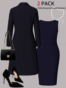 Bộ đồ nữ thanh lịch 2 mảnh, áo khoác cardigan dài tay màu trơn + váy midi không tay, thích hợp cho mùa Thu/Đông/Xuân. - Hải quân 23 - Xem 4