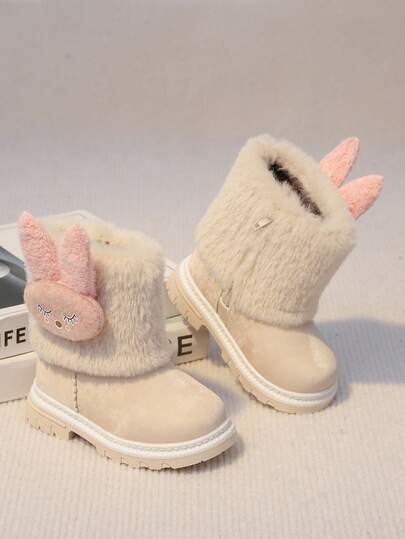1 Pair Toddler Girls Comfortable Lightweight Rabbit Decor Plush Cuff Side Zipper Warm Ankle Boots, Suitable For Everyday Outdoor Wear In Autumn/Winter