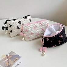 3pcs Set Ruffled Bow Makeup Bag, Fabric Bow Lipstick Pouch, Suitable For Storing Coins, Sanitary Pads And Keys