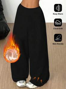 1pc Women's Autumn/Winter Thermal-Lined Wide Leg Pants, Solid Color High Waist Thick Warm Flared Trousers, Heat-Retaining Thick Anti-Pilling Pants Suitable For Yoga, Fitness, Running, Long Knitted Fabric, Polyester And Spandex, Sporty And Casual Style, Holiday Gift