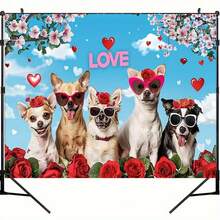 2D Flat 1 Pc Romantic Heart And Rose Valentine's Day Party Banner - Polyester Background With A Playful Dog Wearing Stylish Glasses, Perfect For Family Celebrations And Photo Props, Valentine's Decor | Festival Design | Durable Material