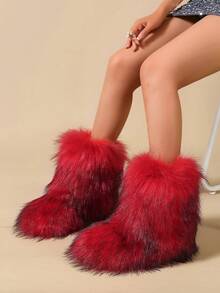 Women's Faux Fur Boots Furry Mid Calf Fur Boots Comfortable Outdoor Flat Shoes Winter Warm Plush Surface Snow Boots - 紅色 - 查看 3