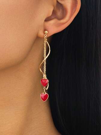 1 Pair Retro Elegant French Style Versatile Tassel Heart Pendant Earrings, Burgundy, Suitable For Women, Great Gift For New Year, Valentine's Day, Wedding, And Daily Wear