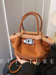1pc FEISTURE Faux Shearling Small Handbag, Fashion Metal Clasp Dumpling Bag, Shoulder Crossbody Bag, Suitable For Daily Outing, Dating, Commuting - Brown - View 9